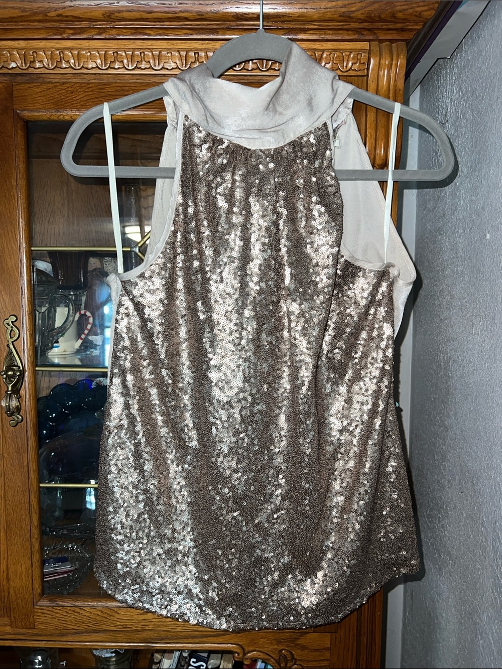Andree Sequin Halter Top in Champagne Taupe